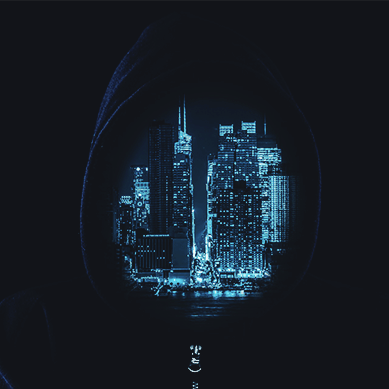 Human in hood whose face consists of a digital city