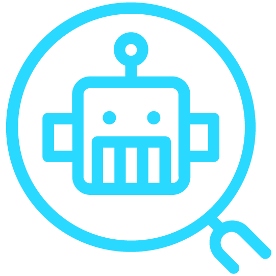 Icon mit Roboter in einer Lupe: Symbol für die Erkennung und Steuerung von Bots durch Myra
