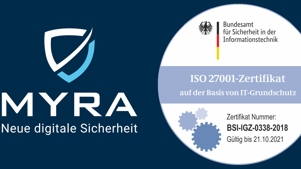 Logo von Myra Security und ISO 27001-Zertifikat