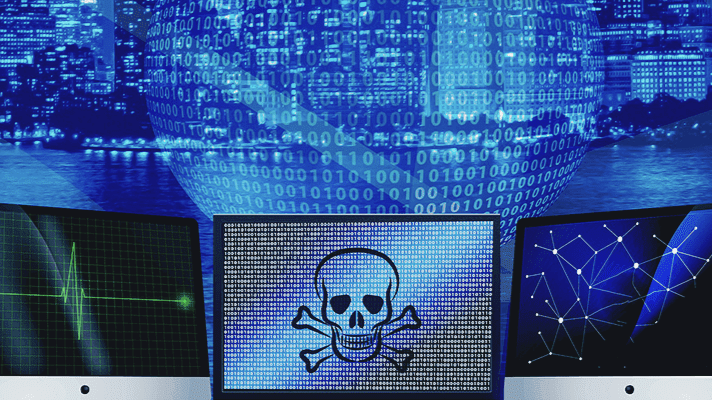 Graphic with laptops and skyscrapers in background