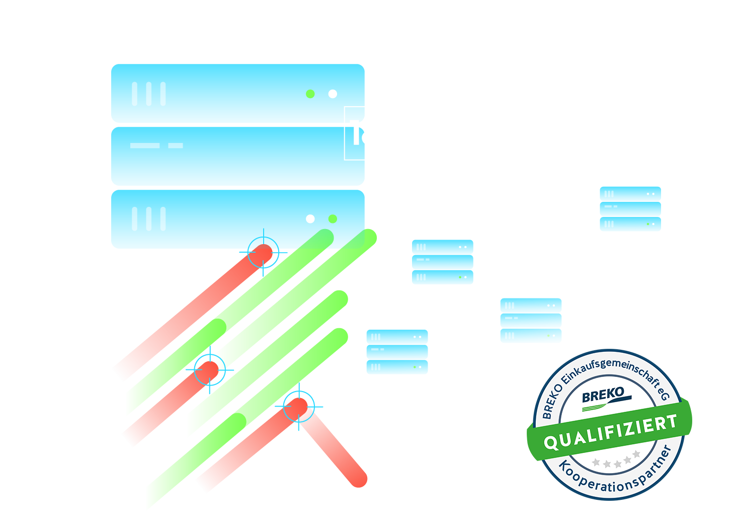 Hero banner of the 1&1 Versatel case study: servers, data flows and BREKO seal as Myra cooperation partner