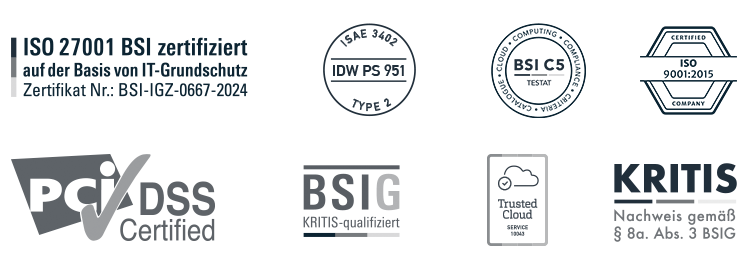 Übersicht der Myra Security Zertifikate: ISO 27001 BSI, BSI C5, ISO 9001, PCI DSS, KRITIS und Trusted Cloud
